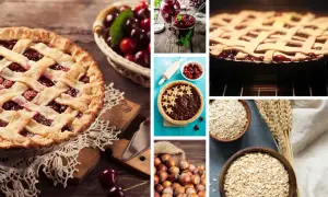 Eine köstliche Linzer Torte mit Kirschfüllung, frische Kirschen, Nüsse und Haferflocken.