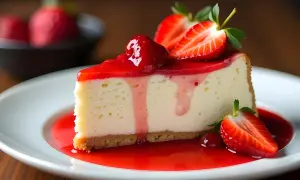 Ein Stück cremiger Strawberry Cheesecake mit frischen Erdbeeren und rotem Fruchtgelee auf einem weißen Teller.