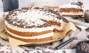 Eine köstliche Cappuccino Torte mit Schokoladenraspeln bestreut, auf einem Teller mit einem angeschnittenen Stück.