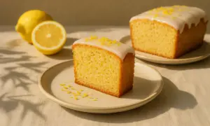 Ein Stück saftiger zitronenkuchen vegan mit Zuckerguss und Zitronenschale bestreut, daneben frische Zitronen.