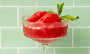 Erfrischendes Wassermelonen Sorbet in einem eleganten Glas, garniert mit Minze. Perfekt für heiße Tage.