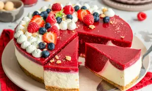 Eine köstliche torte ohne backen mit Beeren und Sahnetupfern. Ein Stück wurde bereits herausgeschnitten.