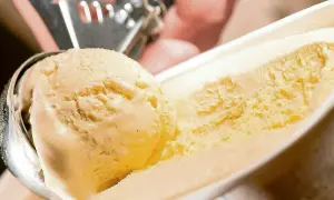 Cremiges Vanilleeis wird mit einer Eiskugelportionierer aus einer Schale gehoben. Ein perfektes Vanilleeis Rezept für heiße Tage.