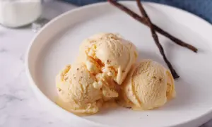 Cremiges Vanilleeis, das Lust macht, eis ohne zucker selber machen. Zwei Vanilleschoten liegen daneben.