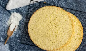 Zwei runde, goldgelbe Scheiben eines luftigen, **glutenfreien Biskuitbodens** liegen auf einem schwarzen Gitter. Daneben ein Holzlöffel mit weißem Pulver.