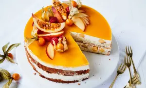Eine köstliche Pfirsich Maracuja Torte, dekoriert mit frischen Früchten und Physalis. Ein Stück ist bereits angeschnitten.