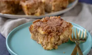 Ein Stück saftiger Apfelkuchen mit Zimtstreuseln, perfekt für ein gemütliches apfelkuchen rezept.