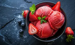 Schüssel mit erfrischendem Erdbeer-Sorbet-Eis, garniert mit frischen Erdbeeren und Minze, daneben Blaubeeren.
