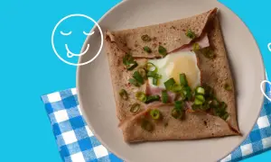 Herzhaftes Galettes Rezept: Buchweizen-Crêpe gefüllt mit Ei, Schinken und Frühlingszwiebeln. Ein Genuss!