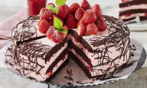Eine köstliche Erdbeer Schoko Torte mit frischen Erdbeeren und zarter Schokoladendekoration.