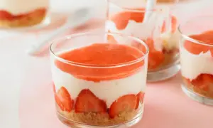 Erfrischendes Erdbeer-Dessert im Glas mit frischen Erdbeeren, cremiger Schicht und fruchtigem Topping. Ein Genuss für Augen und Gaumen.