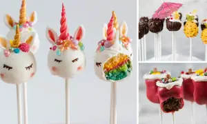 Bunte Cake Pops: Einhörner mit Regenbogenfüllung, Schoko-Gesichter, Ananas und rote Beeren-Kreationen.