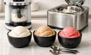 Drei Schalen mit cremigem Eis: Vanille, Karamell und Erdbeere. Daneben Eismaschinen, die die eis grundmasse zubereiten.
