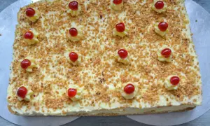 Rechteckiger Kuchen mit Buttercreme, gehackten Nüssen und Kirschen, wie Frankfurter Kranz Schnitten.