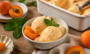 Fruchtiges Aprikosen-Sorbet, perfekt zum sorbet selber machen ohne eismaschine. Serviert mit frischen Aprikosen und Minze.
