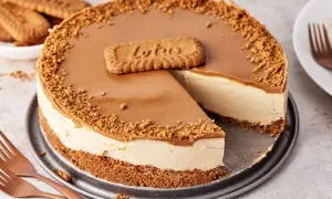Ein köstlicher Biscoff Cheesecake mit Karamellglasur und Keksbröseln, dekoriert mit einem Lotus-Keks.