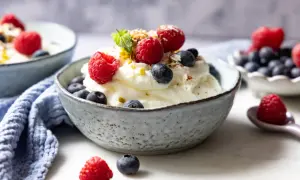 Cremiger frozen Joghurt mit frischen Himbeeren und Blaubeeren, garniert mit Minze und Nüssen. Ein erfrischender Genuss.