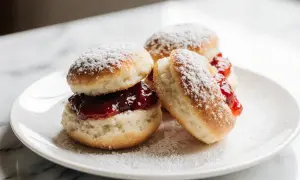 Lufterfrischte Berliner mit Marmelade, bestäubt mit Puderzucker, auf einem Teller.