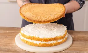 Eine Biskuit-Schicht wird auf eine mit weißer Creme gefüllte Erdbeer-Raffaello-Torte gesetzt.