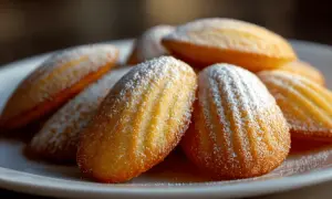 Goldbraune Madeleines, bestäubt mit Puderzucker, warten auf das perfekte Madeleines Rezept.