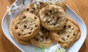 Schokoladenkekse auf einem Teller, verziert mit Kirschblüten. Ein einfaches Cookies Rezept, das immer gelingt und Freude macht.