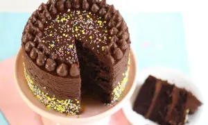 Eine köstliche Schokocreme Torte mit Schokoglasur, Schokotuffs und bunten Streuseln. Ein Stück ist bereits auf einem Teller angerichtet.