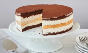Schokoladenkuchen mit drei Schichten Creme und Kakao bestäubt, perfekt für eine 3-Tage-Torte.