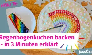 Ein bunter Regenbogenkuchen, verziert mit Marshmallows und bunten Smarties. Ein Stück ist bereits angeschnitten.