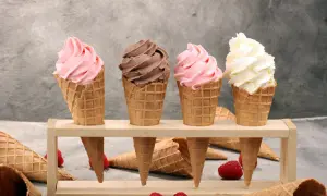 Vier leckere Softeis-Sorten in Waffeln: Erdbeer, Schoko und Vanille. Perfekt, um Softeis selber machen zu lernen und den Sommer zu genießen.
