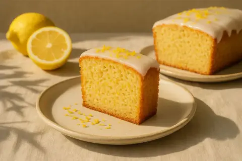 Ein Stück saftiger zitronenkuchen vegan mit Zuckerguss und Zitronenschale bestreut, daneben frische Zitronen.