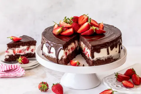 Eine saftige Yogurette Torte mit Schokoladenglasur und frischen Erdbeeren, ein Stück davon ist bereits angeschnitten.