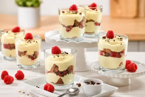 Schichtdesserts im Glas mit Himbeeren und Creme – ein schnelles Dessert, das begeistert.