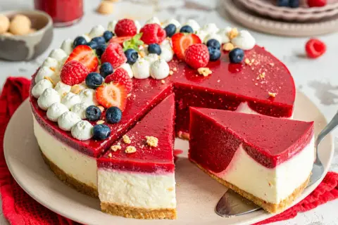 Eine köstliche torte ohne backen mit Beeren und Sahnetupfern. Ein Stück wurde bereits herausgeschnitten.
