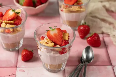 Leckeres Erdbeer-Cheesecake im Glas, geschichtet mit Keksboden und frischen Erdbeeren, garniert mit einer Erdbeerscheibe.