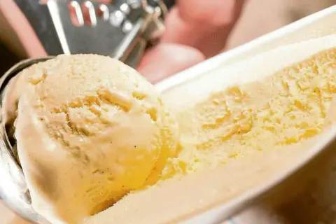 Cremiges Vanilleeis wird mit einer Eiskugelportionierer aus einer Schale gehoben. Ein perfektes Vanilleeis Rezept für heiße Tage.