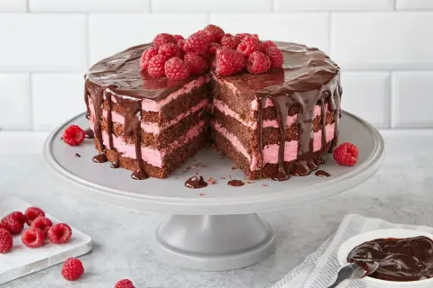Schoko Himbeer Torte mit drei Schichten dunklem Kuchen und rosa Himbeercreme, überzogen mit Schokoladenglasur und frischen Himbeeren.