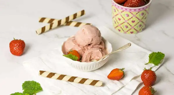 Ein Schälchen cremiges italienisches Erdbeereis, garniert mit frischen Erdbeeren und Minze. Dazu knusprige Waffelröllchen.