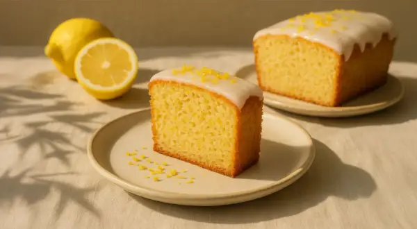 Ein Stück saftiger zitronenkuchen vegan mit Zuckerguss und Zitronenschale bestreut, daneben frische Zitronen.