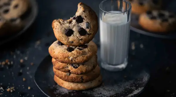Ein Stapel saftiger American Cookies mit Schokoladenstückchen, daneben ein Glas Milch. Perfekt für das American Cookies Rezept.