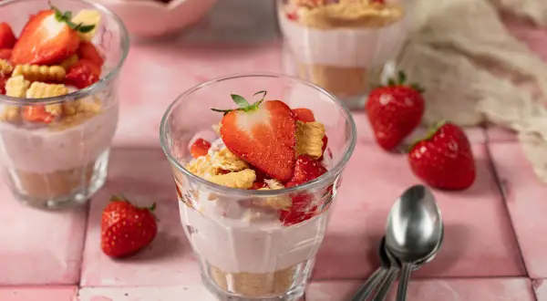Leckeres Erdbeer-Cheesecake im Glas, geschichtet mit Keksboden und frischen Erdbeeren, garniert mit einer Erdbeerscheibe.