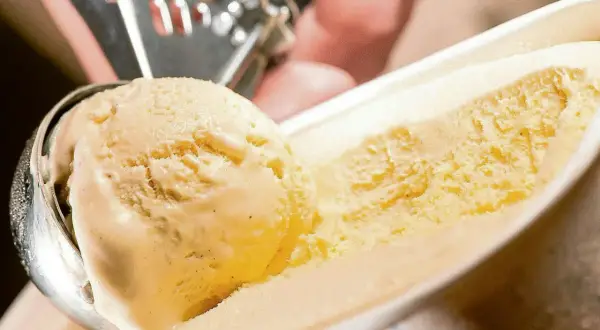 Cremiges Vanilleeis wird mit einer Eiskugelportionierer aus einer Schale gehoben. Ein perfektes Vanilleeis Rezept für heiße Tage.