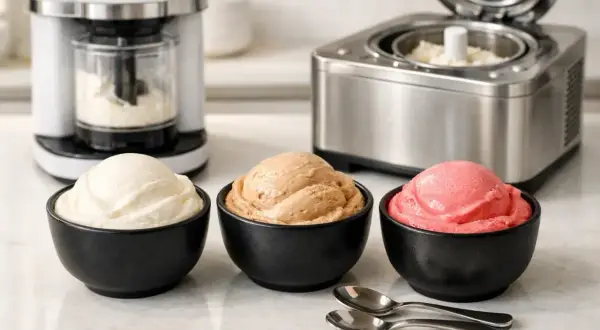 Drei Schalen mit cremigem Eis: Vanille, Karamell und Erdbeere. Daneben Eismaschinen, die die eis grundmasse zubereiten.