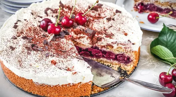 Ein saftiger Feuerwehrkuchen mit Kirschen, Sahne und Schokostreuseln. Dieses Rezept ist ein Genuss!