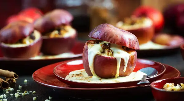 Ein köstliches Bratapfel Rezept: Saftige Äpfel gefüllt mit Nüssen und Zimt, übergossen mit warmer Vanillesauce. Perfekt für kalte Tage.