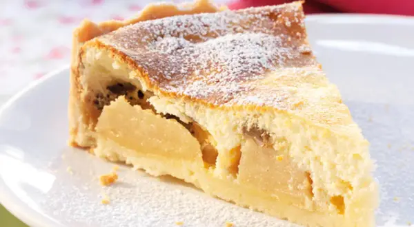 Ein Stück Apfelkuchen mit Quark, bestäubt mit Puderzucker, auf einem weißen Teller.