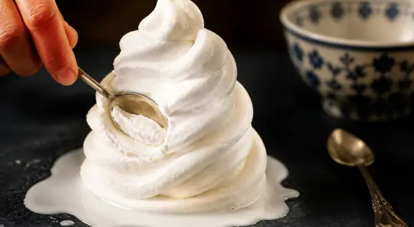 Ein Löffel nimmt eine Portion cremiges Milcheis, das sich perfekt für milcheis selber machen ohne eismaschine eignet.