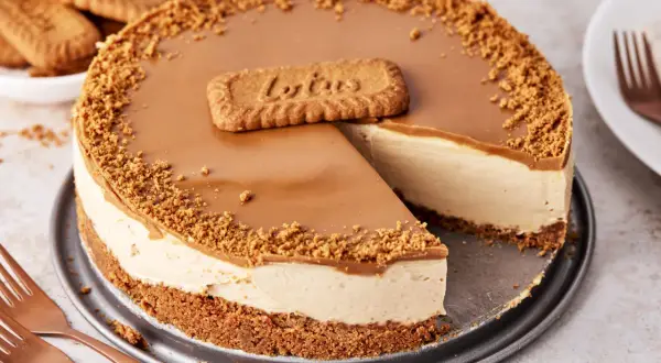 Ein köstlicher Biscoff Cheesecake mit Karamellglasur und Keksbröseln, dekoriert mit einem Lotus-Keks.