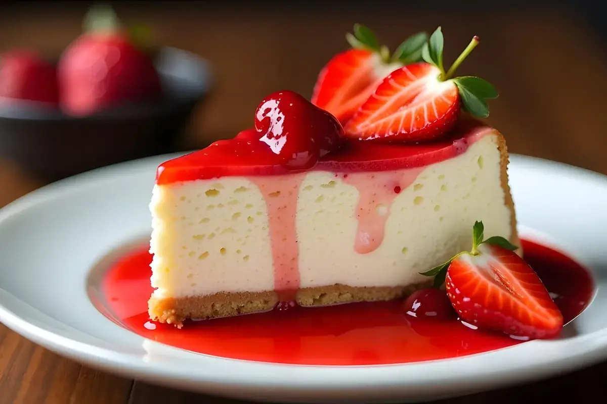 Ein Stück cremiger Strawberry Cheesecake mit frischen Erdbeeren und rotem Fruchtgelee auf einem weißen Teller.