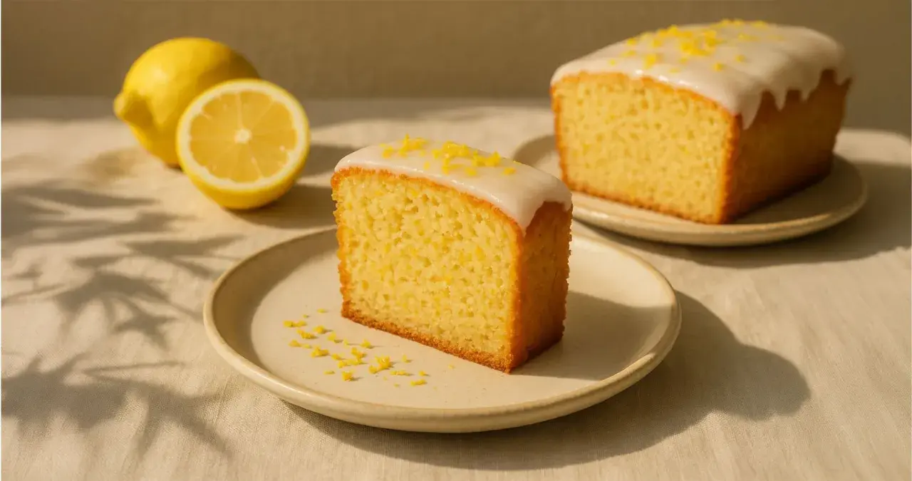Ein Stück saftiger zitronenkuchen vegan mit Zuckerguss und Zitronenschale bestreut, daneben frische Zitronen.