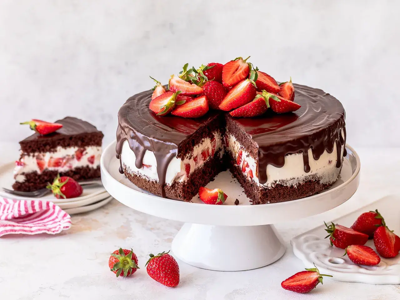 Eine saftige Yogurette Torte mit Schokoladenglasur und frischen Erdbeeren, ein Stück davon ist bereits angeschnitten.
